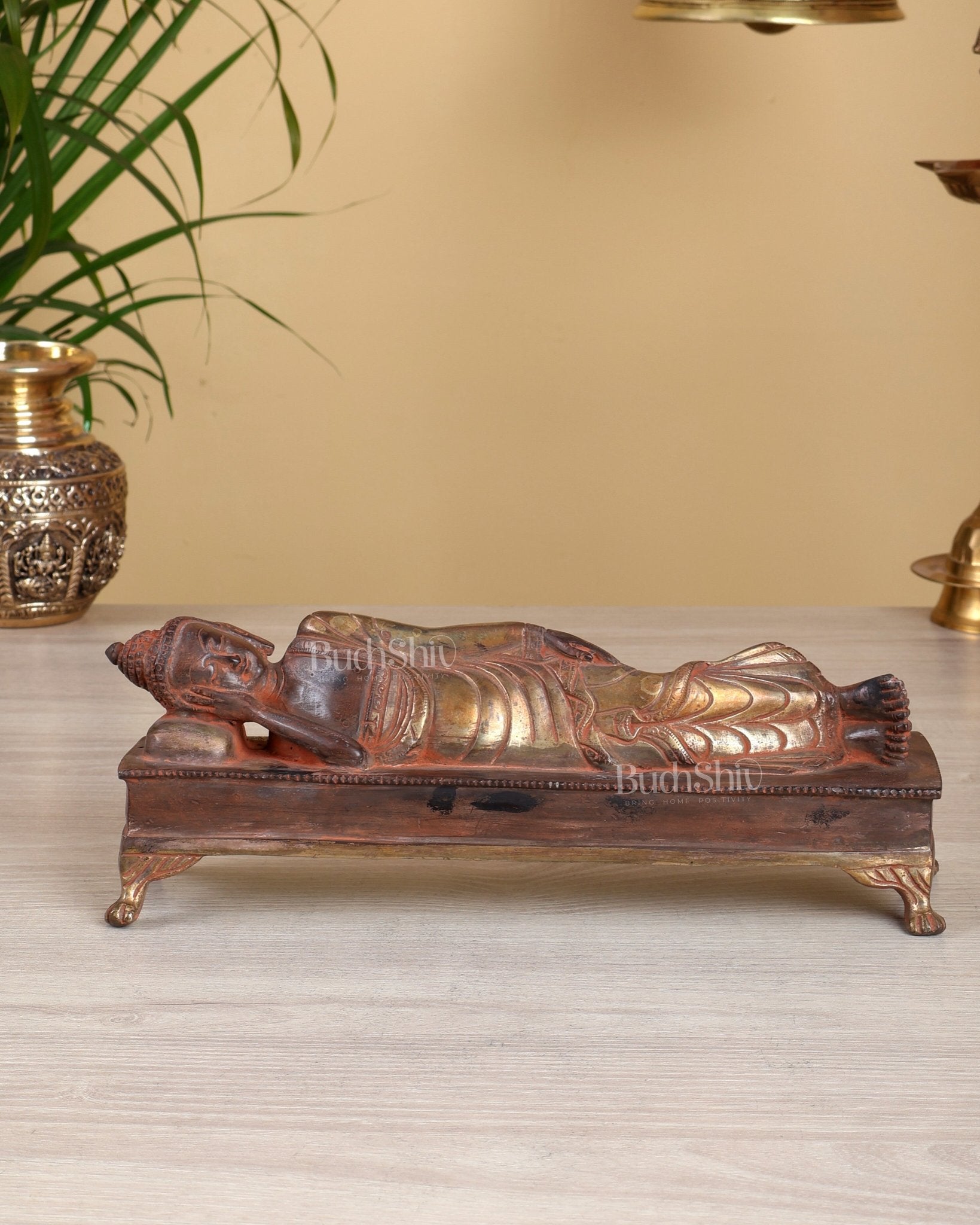 Brass Reclining Sleeping Buddha Statue – Black Silver Sand Finish Nirvana Buddha Sculpture 10" - Budhshiv.com