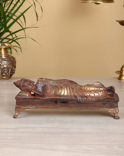 Brass Reclining Sleeping Buddha Statue – Black Silver Sand Finish Nirvana Buddha Sculpture 10" - Budhshiv.com
