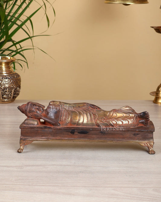 Brass Reclining Sleeping Buddha Statue – Black Silver Sand Finish Nirvana Buddha Sculpture 10" - Budhshiv.com