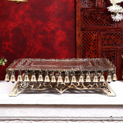 Brass Rectangular Chowki Pedestal for God Idols with Bells | 21 Inch Temple Stool - Budhshiv.com