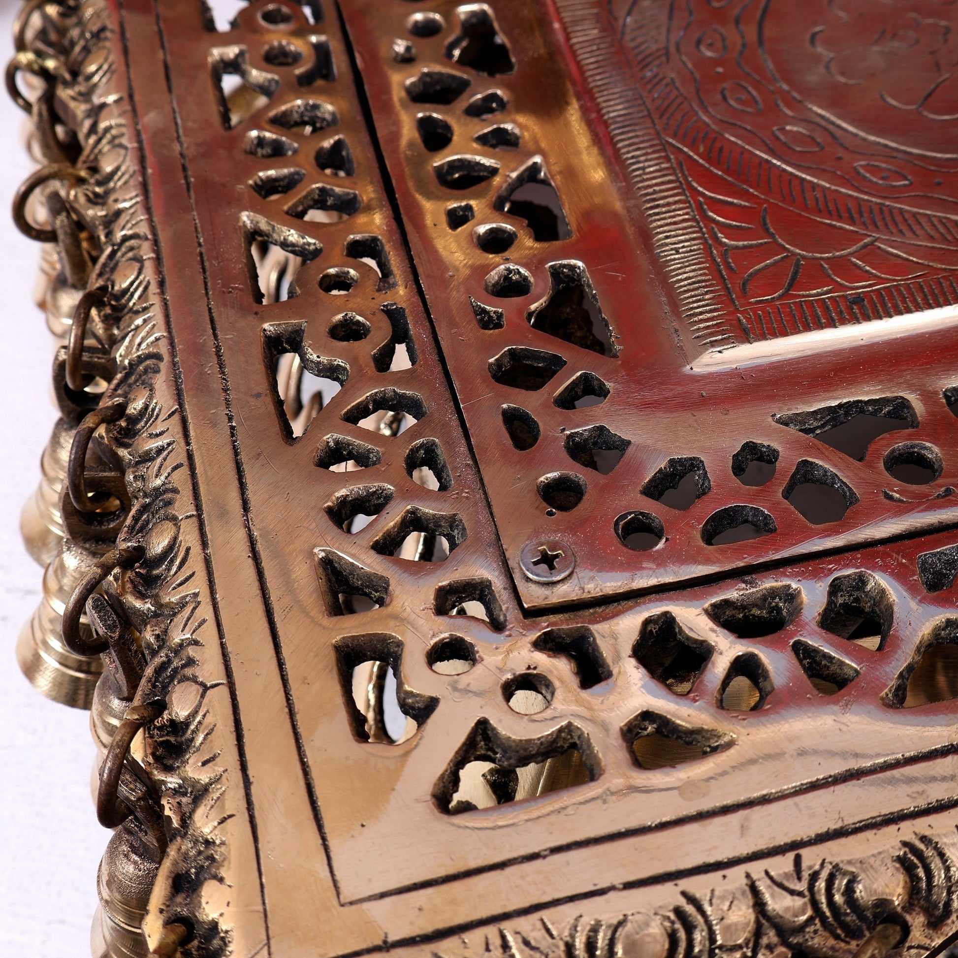 Brass Rectangular Chowki Pedestal for God Idols with Bells | 21 Inch Temple Stool - Budhshiv.com