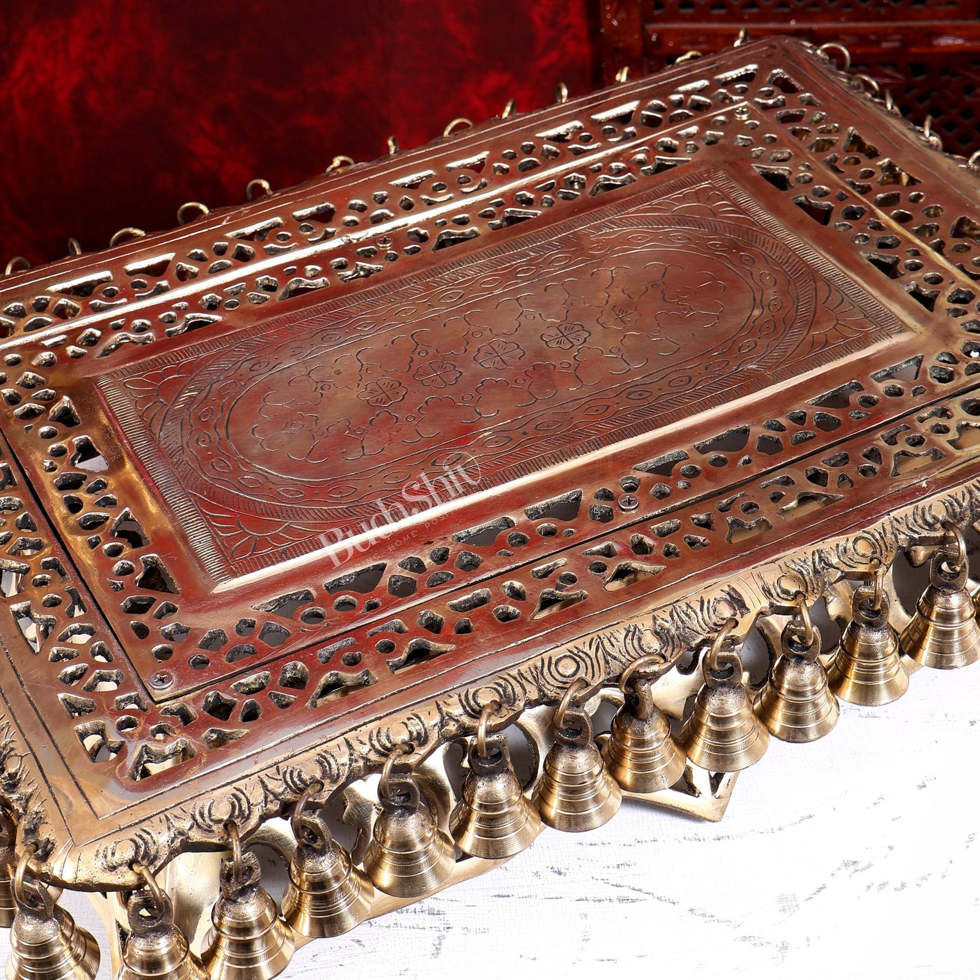 Brass Rectangular Chowki Pedestal for God Idols with Bells | 21 Inch Temple Stool - Budhshiv.com