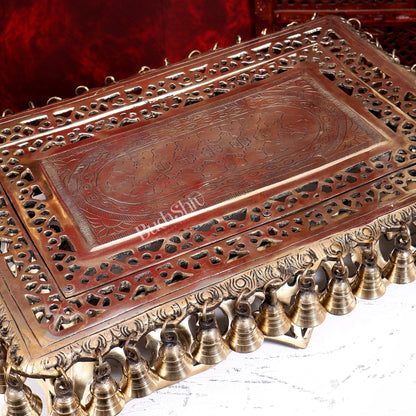 Brass Rectangular Chowki Pedestal for God Idols with Bells | 21 Inch Temple Stool - Budhshiv.com