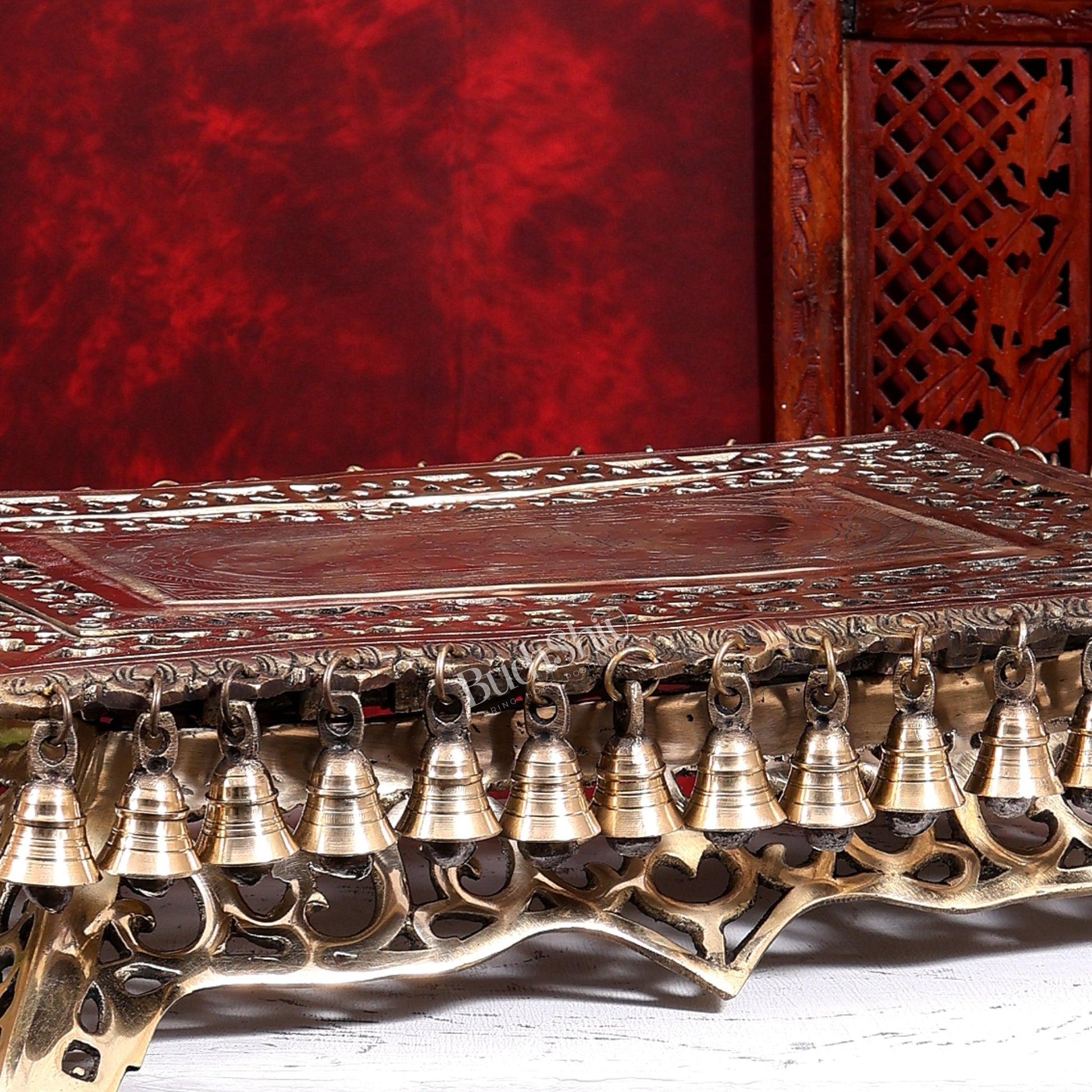Brass Rectangular Chowki Pedestal for God Idols with Bells | 21 Inch Temple Stool - Budhshiv.com