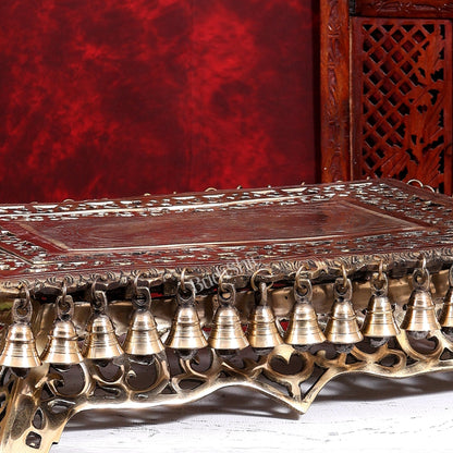Brass Rectangular Chowki Pedestal for God Idols with Bells | 21 Inch Temple Stool - Budhshiv.com