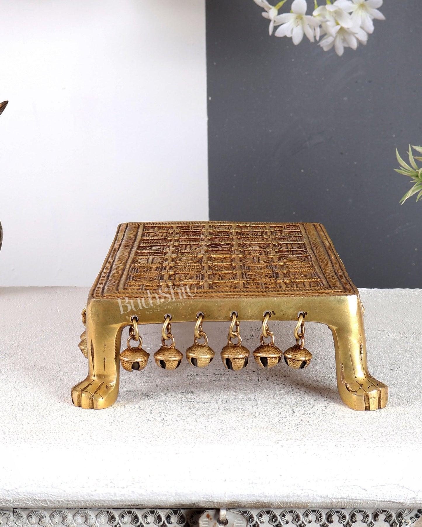 Brass Rectangular Pooja Chowki with Holy Hindu Symbols, Ghungroos & Lion Legs – Auspicious Handcrafted Altar Platform 11.5 inch - Budhshiv.com