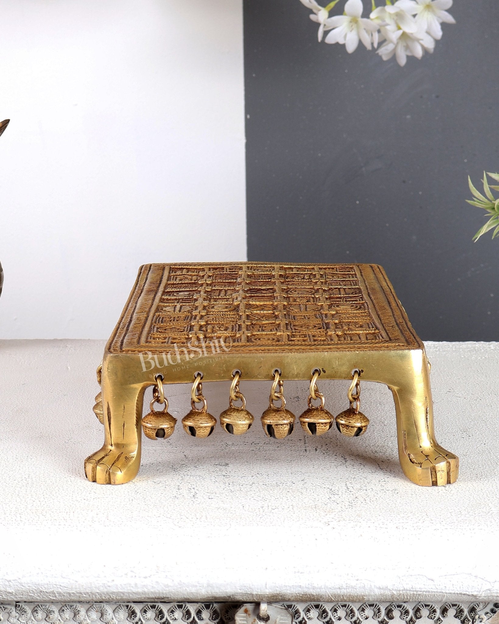 Brass Rectangular Pooja Chowki with Holy Hindu Symbols, Ghungroos & Lion Legs – Auspicious Handcrafted Altar Platform 11.5 inch - Budhshiv.com