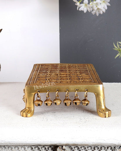 Brass Rectangular Pooja Chowki with Holy Hindu Symbols, Ghungroos & Lion Legs – Auspicious Handcrafted Altar Platform 11.5 inch - Budhshiv.com
