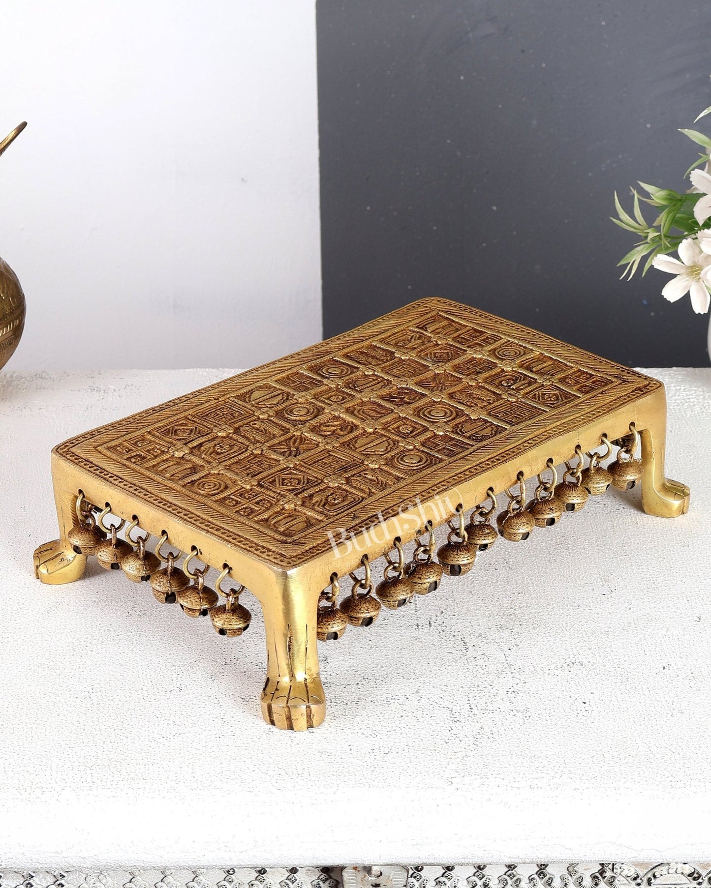 Brass Rectangular Pooja Chowki with Holy Hindu Symbols, Ghungroos & Lion Legs – Auspicious Handcrafted Altar Platform 11.5 inch - Budhshiv.com