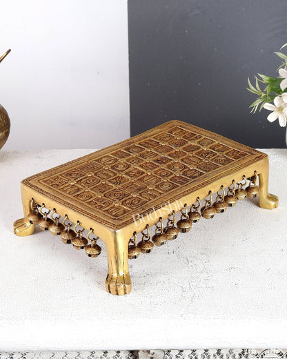 Brass Rectangular Pooja Chowki with Holy Hindu Symbols, Ghungroos & Lion Legs – Auspicious Handcrafted Altar Platform 11.5 inch - Budhshiv.com