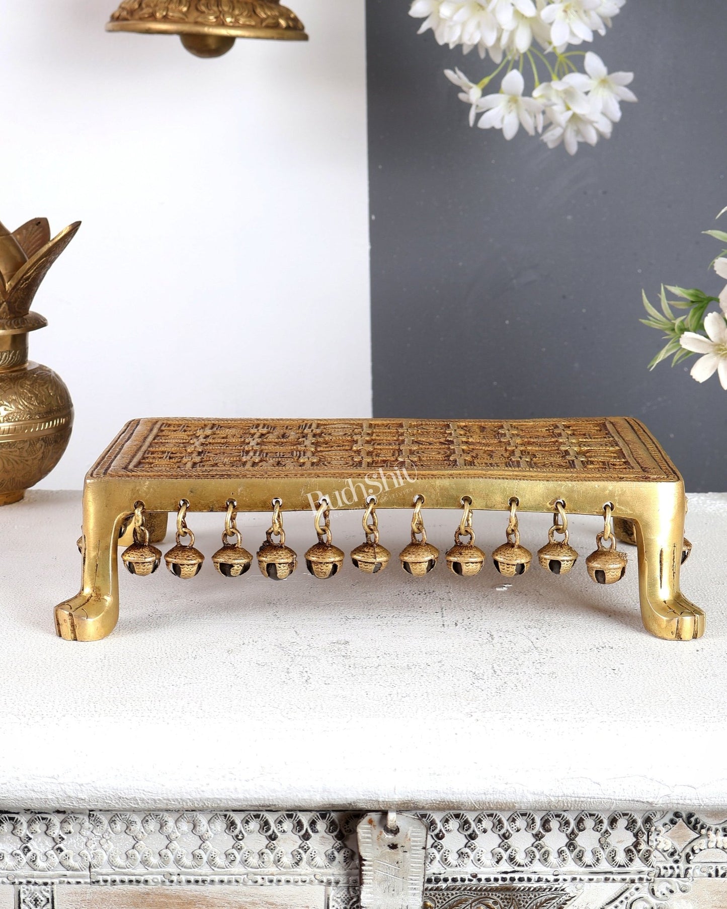 Brass Rectangular Pooja Chowki with Holy Hindu Symbols, Ghungroos & Lion Legs – Auspicious Handcrafted Altar Platform 11.5 inch - Budhshiv.com