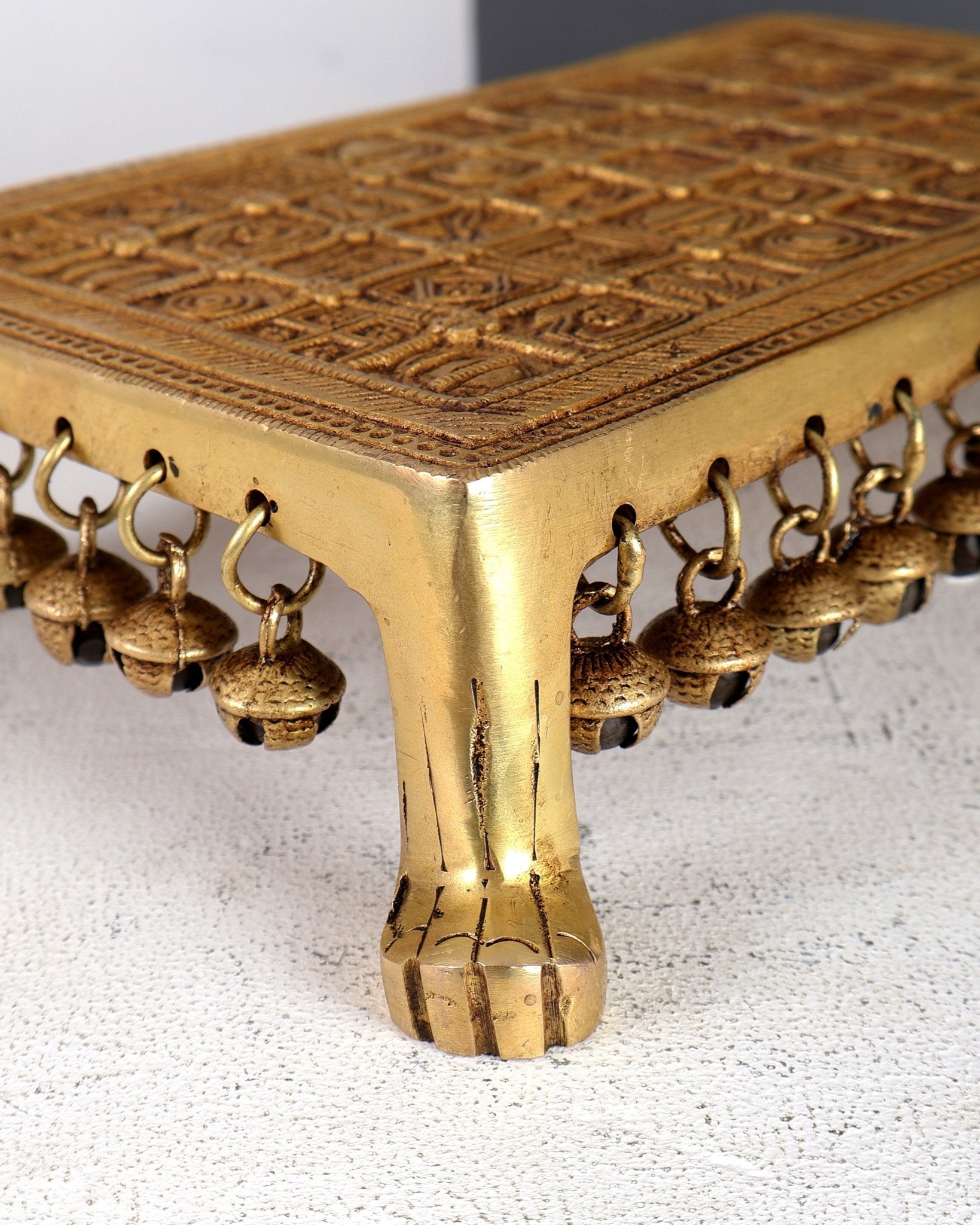 Brass Rectangular Pooja Chowki with Holy Hindu Symbols, Ghungroos & Lion Legs – Auspicious Handcrafted Altar Platform 11.5 inch - Budhshiv.com