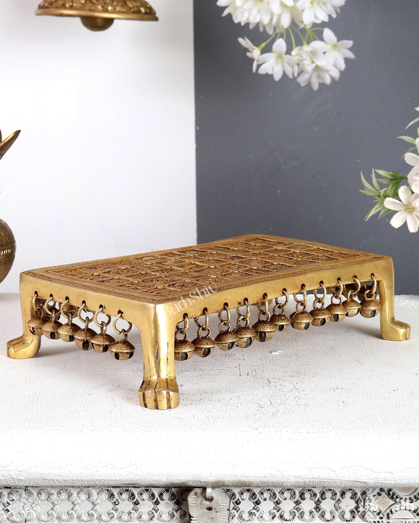 Brass Rectangular Pooja Chowki with Holy Hindu Symbols, Ghungroos & Lion Legs – Auspicious Handcrafted Altar Platform 11.5 inch - Budhshiv.com