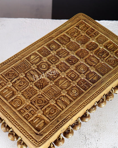 Brass Rectangular Pooja Chowki with Holy Hindu Symbols, Ghungroos & Lion Legs – Auspicious Handcrafted Altar Platform 11.5 inch - Budhshiv.com