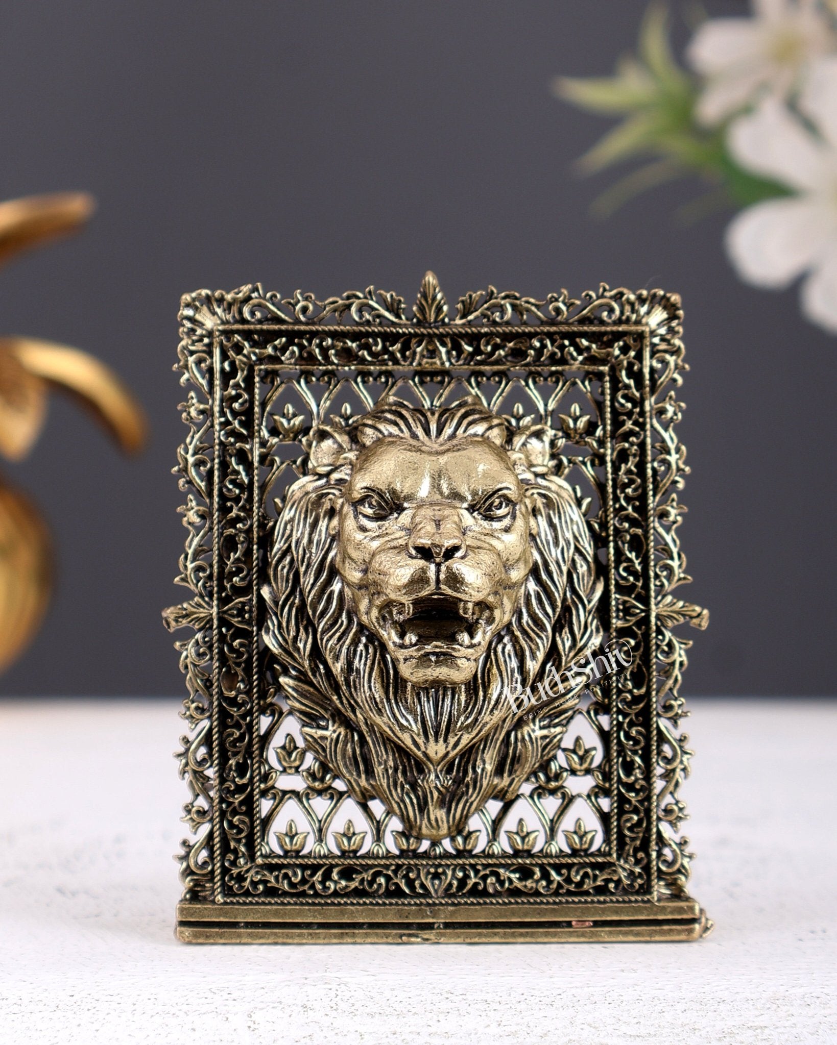 Brass Regal Lion Face Idol for Car Dashboard – Majestic Mini Protection Statue 5 Inch - Budhshiv.com