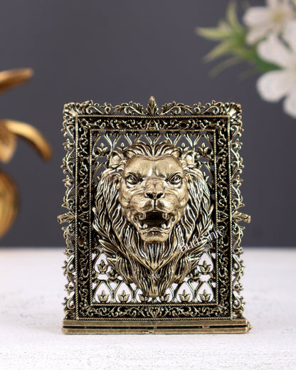 Brass Regal Lion Face Idol for Car Dashboard – Majestic Mini Protection Statue 5 Inch - Budhshiv.com