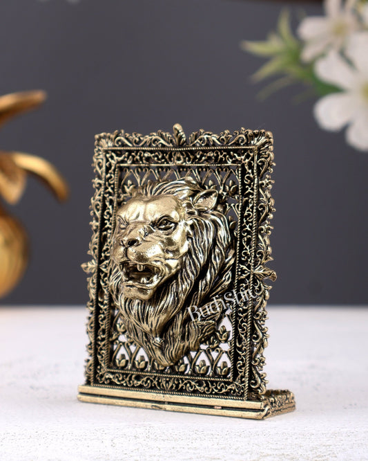 Brass Regal Lion Face Idol for Car Dashboard – Majestic Mini Protection Statue 5 Inch - Budhshiv.com