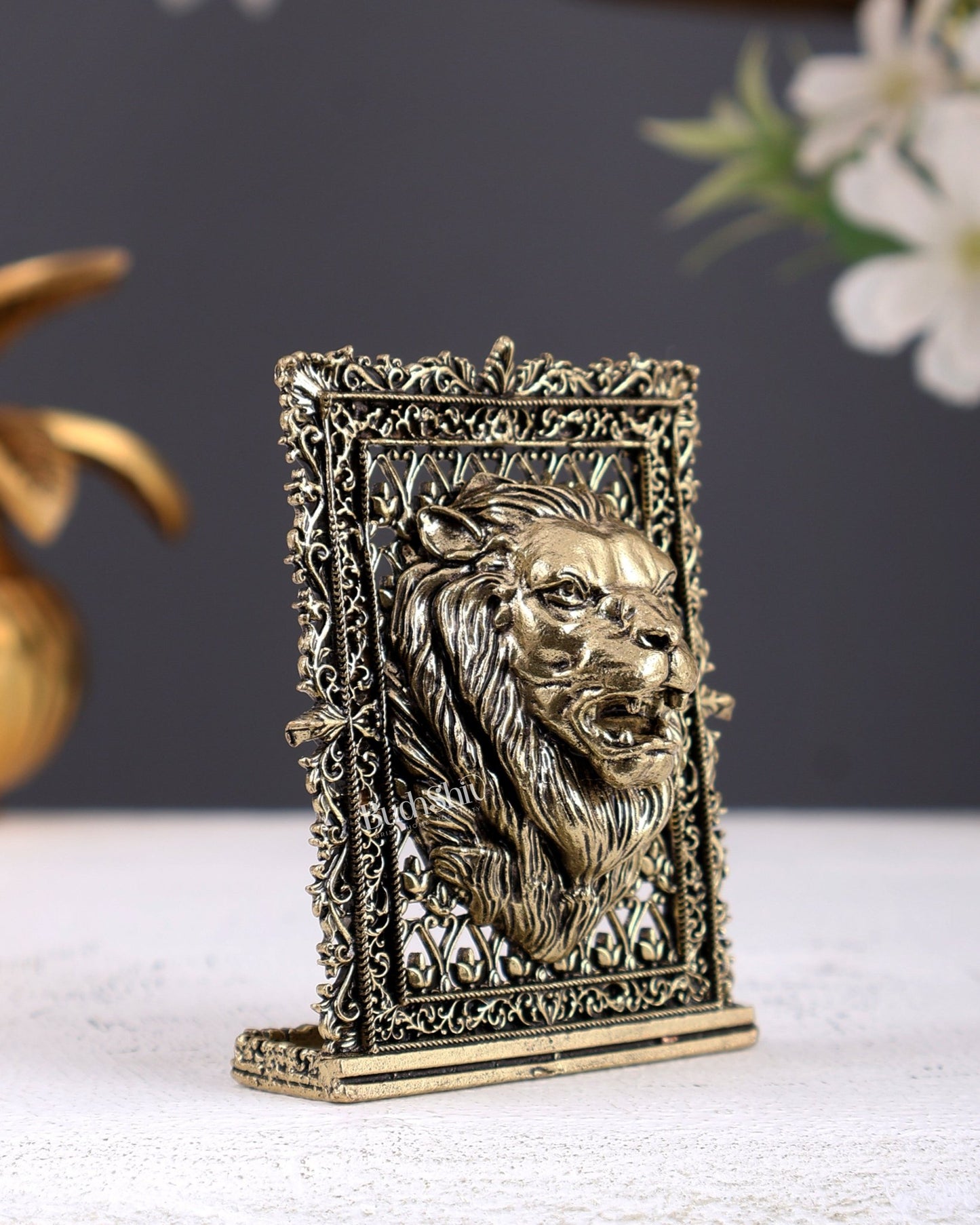 Brass Regal Lion Face Idol for Car Dashboard – Majestic Mini Protection Statue 5 Inch - Budhshiv.com