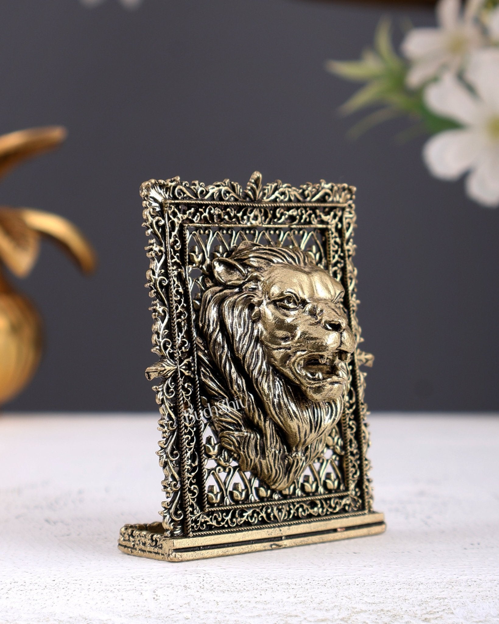Brass Regal Lion Face Idol for Car Dashboard – Majestic Mini Protection Statue 5 Inch - Budhshiv.com
