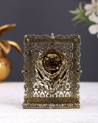 Brass Regal Lion Face Idol for Car Dashboard – Majestic Mini Protection Statue 5 Inch - Budhshiv.com