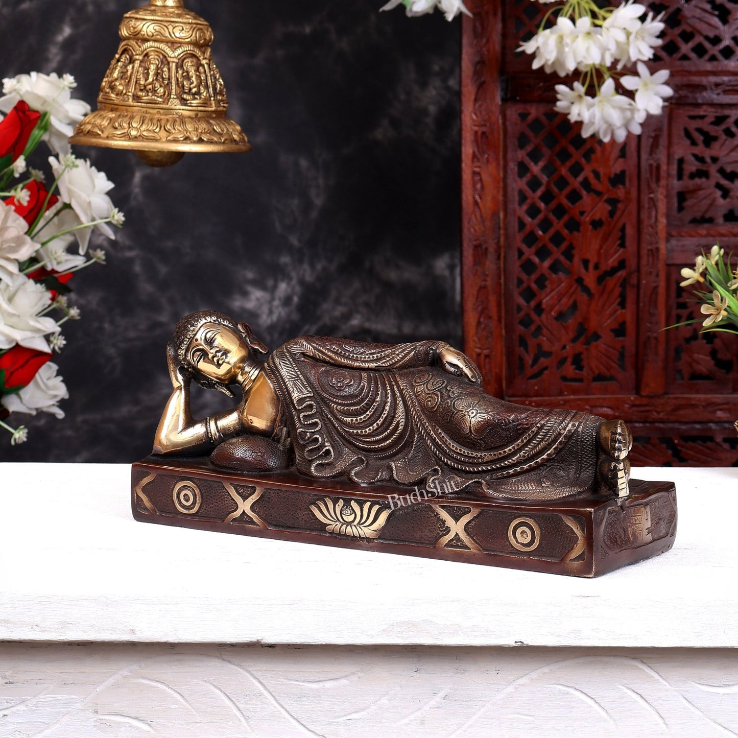 Brass Resting Buddha Statue in Parinirvana Mudra – Handcrafted Reclining Buddha Sculpture 12 inch - Budhshiv.com