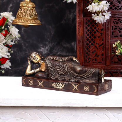 Brass Resting Buddha Statue in Parinirvana Mudra – Handcrafted Reclining Buddha Sculpture 12 inch - Budhshiv.com