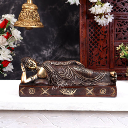 Brass Resting Buddha Statue in Parinirvana Mudra – Handcrafted Reclining Buddha Sculpture 12 inch - Budhshiv.com