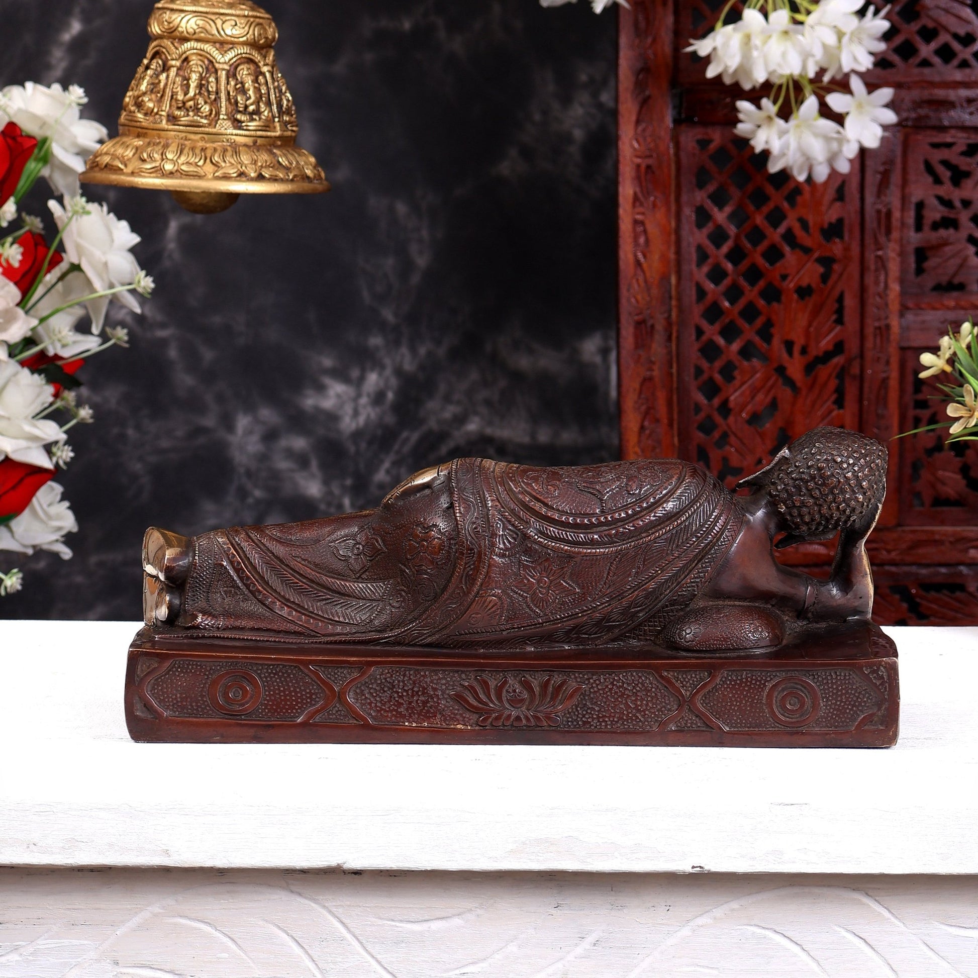 Brass Resting Buddha Statue in Parinirvana Mudra – Handcrafted Reclining Buddha Sculpture 12 inch - Budhshiv.com