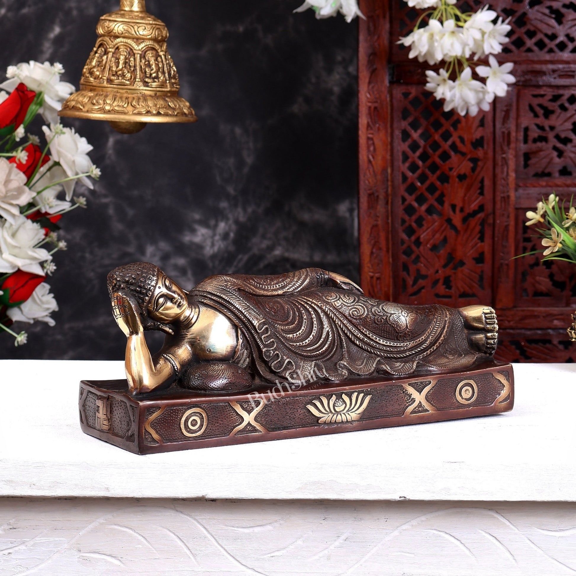 Brass Resting Buddha Statue in Parinirvana Mudra – Handcrafted Reclining Buddha Sculpture 12 inch - Budhshiv.com