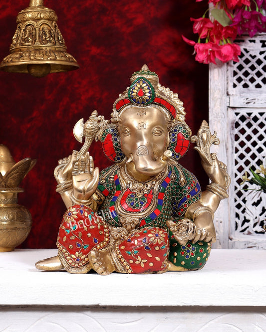 Brass Resting Ganesha Statue – Unique Relaxed Pose Divine Sculpture (11 Inch) with meenakari - Budhshiv.com