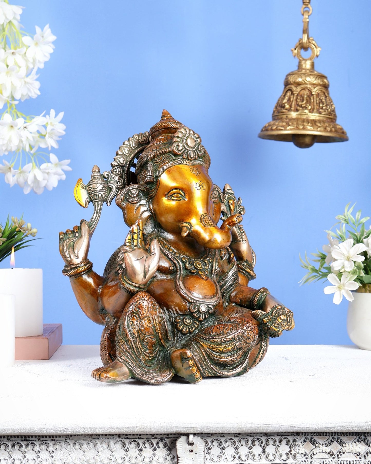 Brass Resting Ganesha Statue – Unique Relaxed Pose Divine Sculpture (11 Inches) Chola brown tone - Budhshiv.com