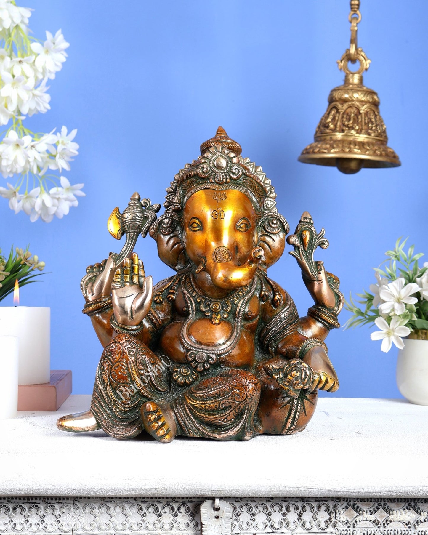 Brass Resting Ganesha Statue – Unique Relaxed Pose Divine Sculpture (11 Inches) Chola brown tone - Budhshiv.com