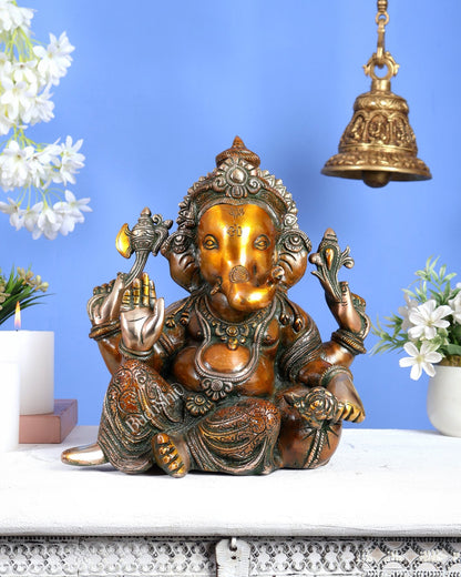 Brass Resting Ganesha Statue – Unique Relaxed Pose Divine Sculpture (11 Inches) Chola brown tone - Budhshiv.com