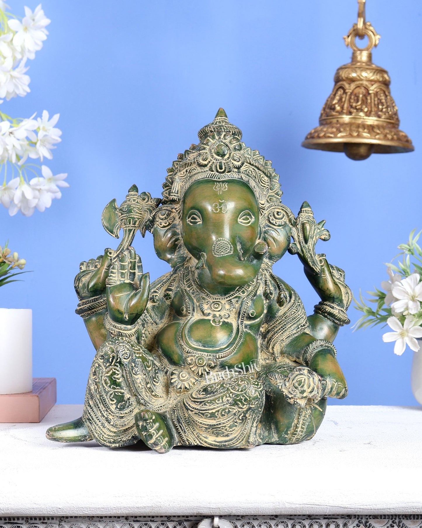 Brass Resting Ganesha Statue – Unique Relaxed Pose Divine Sculpture (11 Inches) green tone - Budhshiv.com