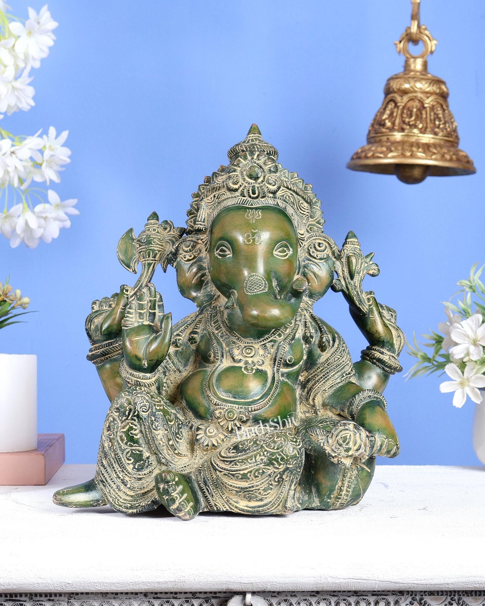 Brass Resting Ganesha Statue – Unique Relaxed Pose Divine Sculpture (11 Inches) green tone - Budhshiv.com