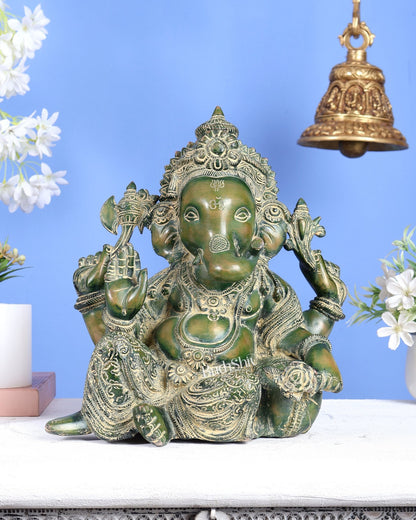 Brass Resting Ganesha Statue – Unique Relaxed Pose Divine Sculpture (11 Inches) green tone - Budhshiv.com