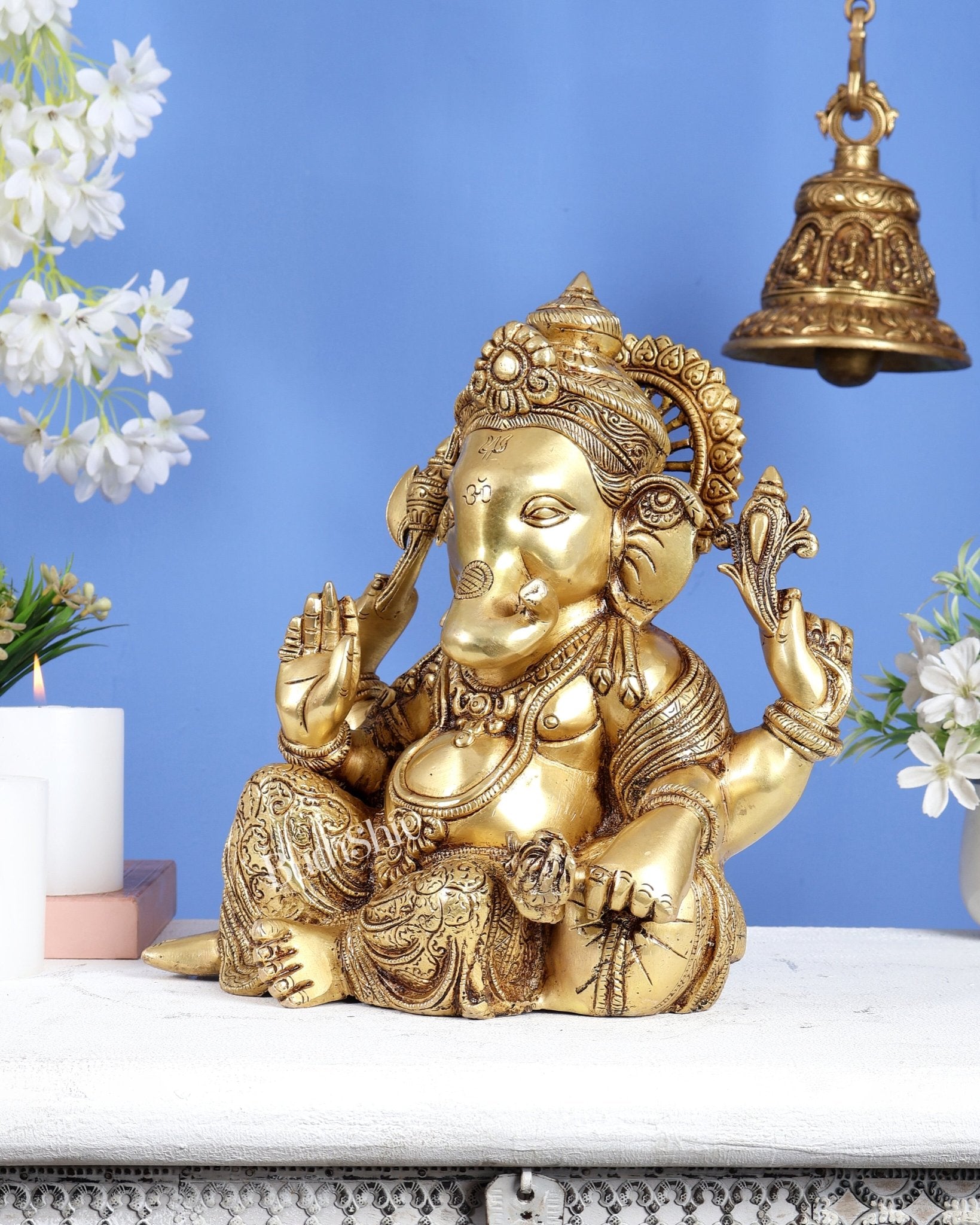 Brass Resting Ganesha Statue – Unique Relaxed Pose Divine Sculpture (11 Inches) - Budhshiv.com