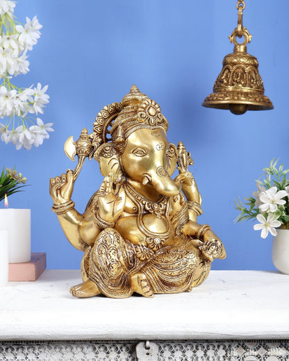 Brass Resting Ganesha Statue – Unique Relaxed Pose Divine Sculpture (11 Inches) - Budhshiv.com