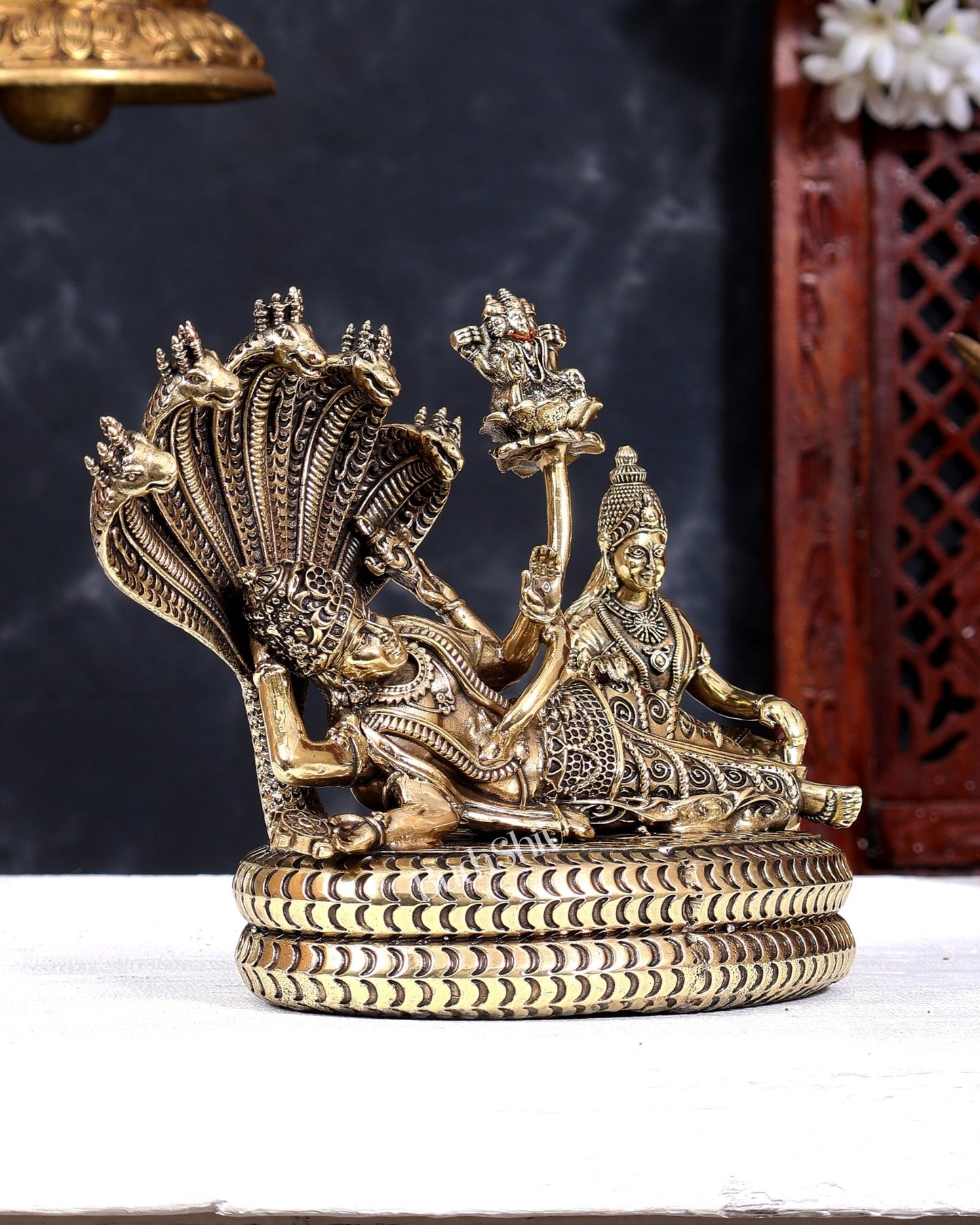 Brass Resting Lakshmi Narayana with Sheshanaag & Brahma Emerging Idol | Pure Brass Anantashayana Vishnu 8 inch - Budhshiv.com