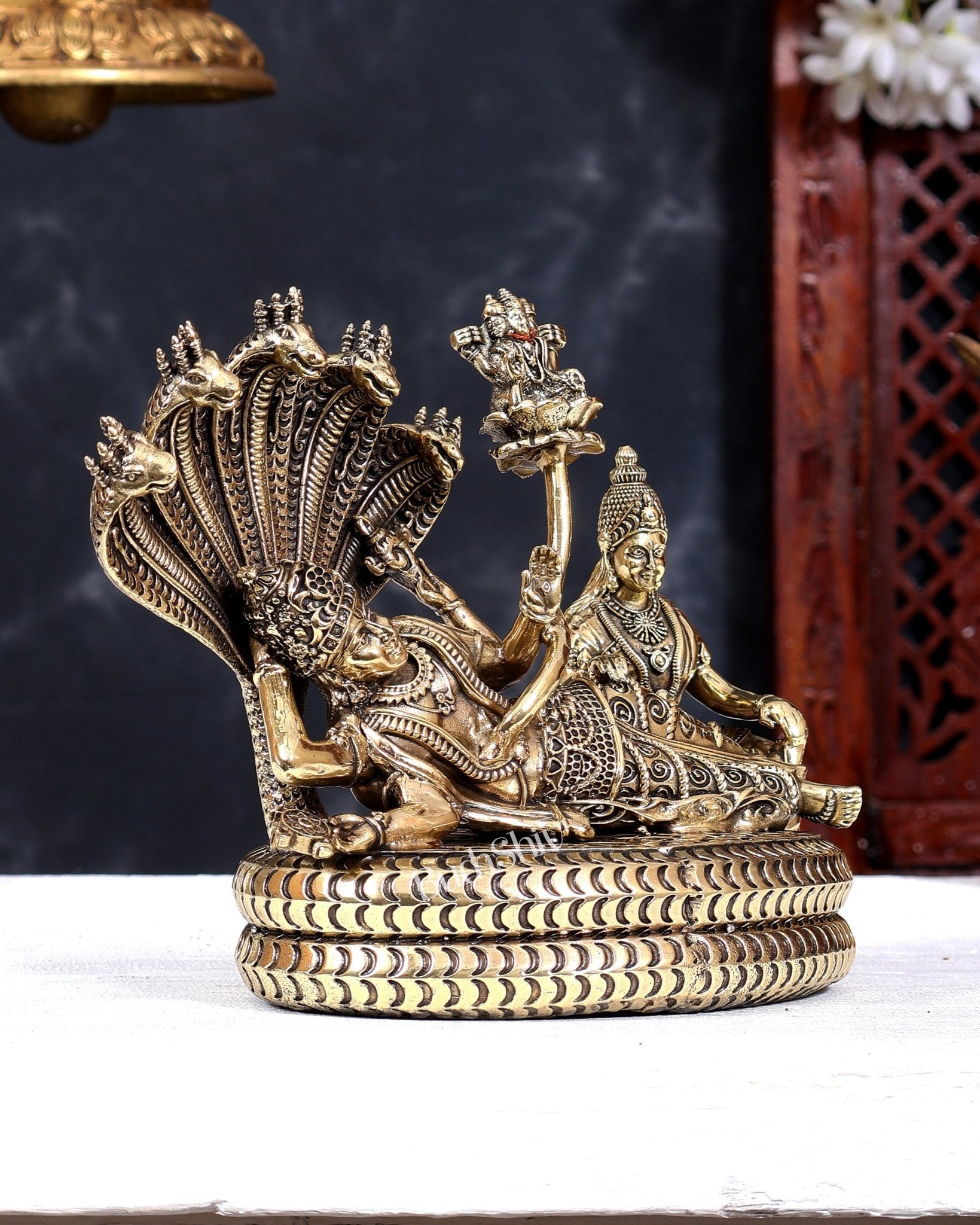 Brass Resting Lakshmi Narayana with Sheshanaag & Brahma Emerging Idol | Pure Brass Anantashayana Vishnu 8 inch - Budhshiv.com