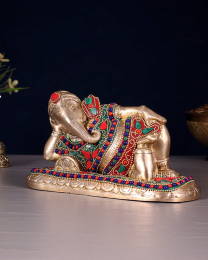Brass Resting Lord Ganesha Statue 7.5" floral stones - Budhshiv.com
