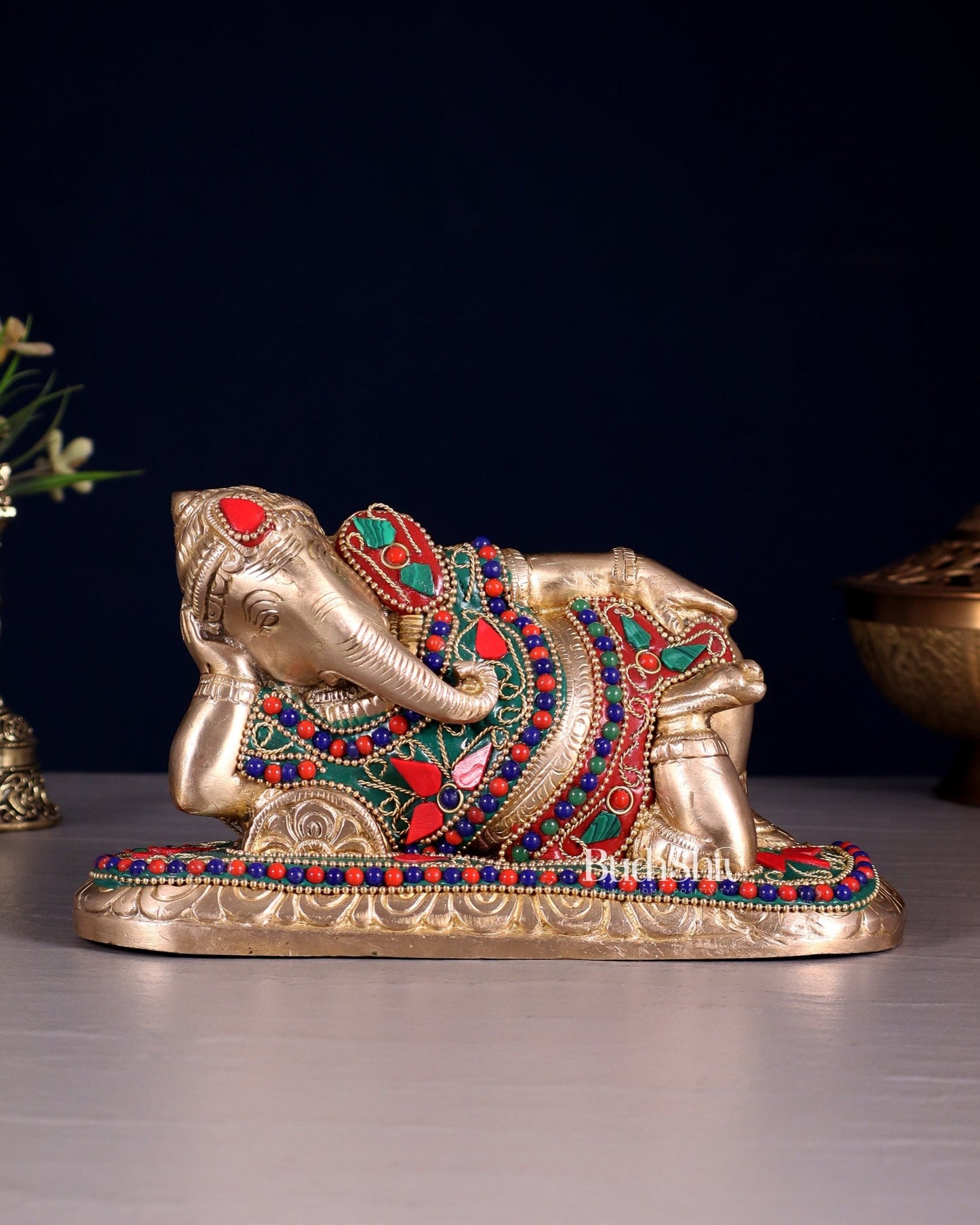 Brass Resting Lord Ganesha Statue 7.5" floral stones - Budhshiv.com
