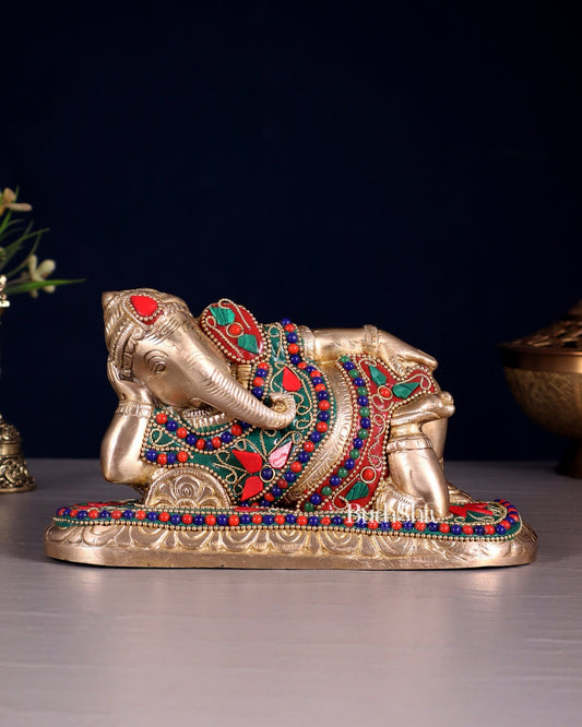 Brass Resting Lord Ganesha Statue 7.5" floral stones - Budhshiv.com