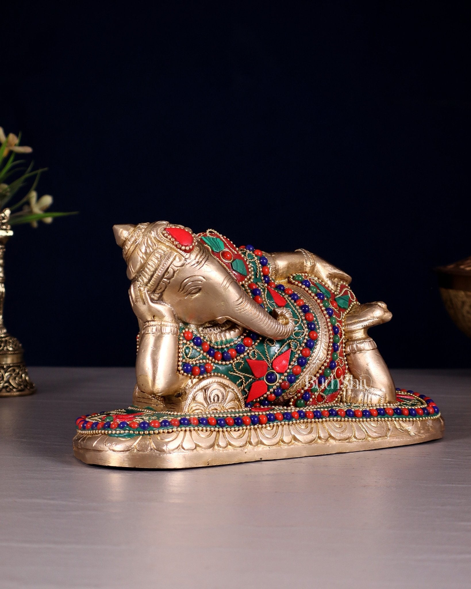 Brass Resting Lord Ganesha Statue 7.5" floral stones - Budhshiv.com