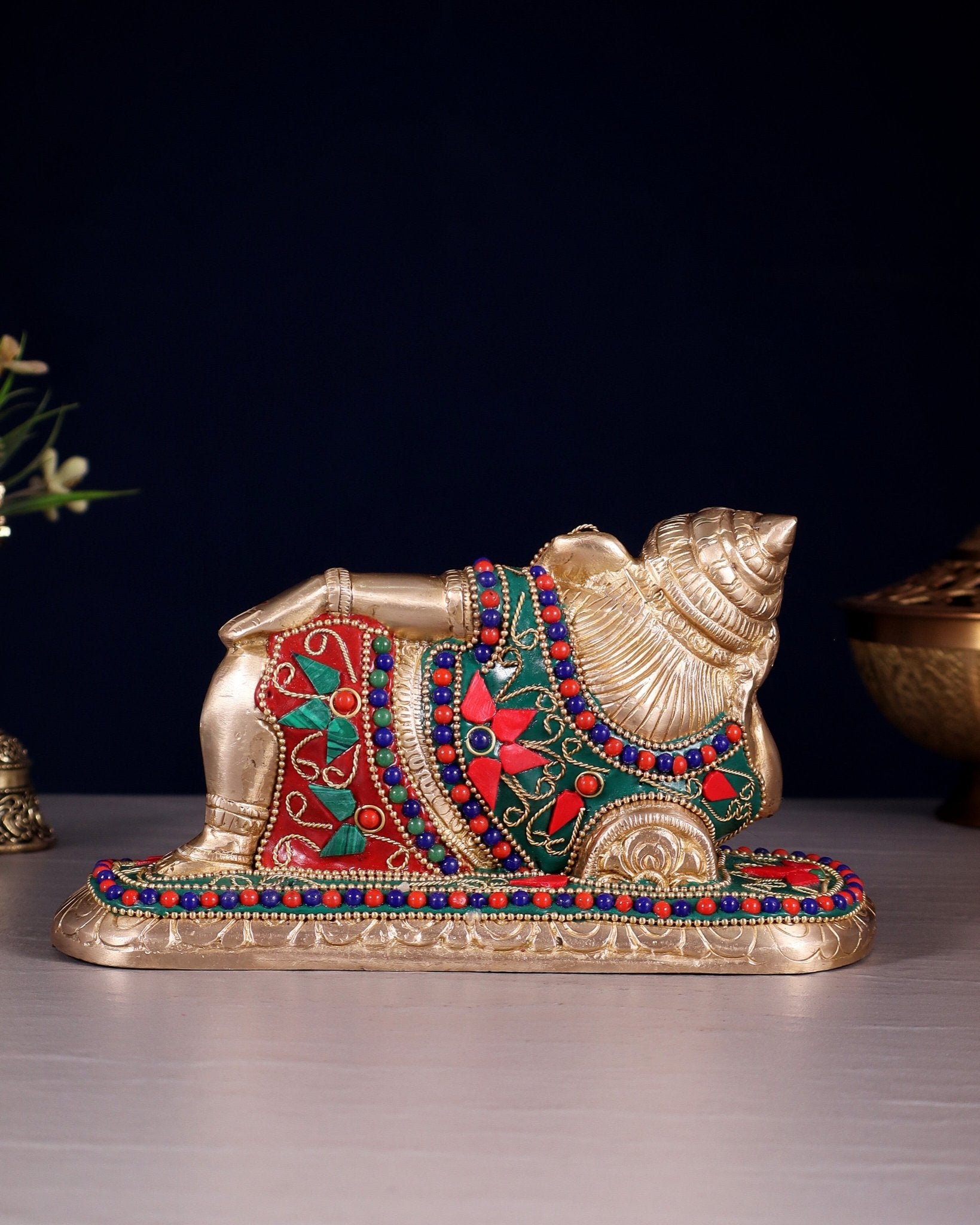 Brass Resting Lord Ganesha Statue 7.5" floral stones - Budhshiv.com