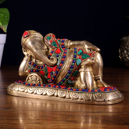 Brass Resting Lord Ganesha Statue 7.5" floral stonework - Budhshiv.com