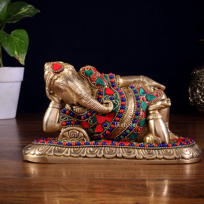Brass Resting Lord Ganesha Statue 7.5" floral stonework - Budhshiv.com