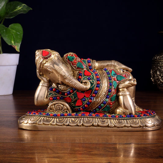 Brass Resting Lord Ganesha Statue 7.5" floral stonework - Budhshiv.com
