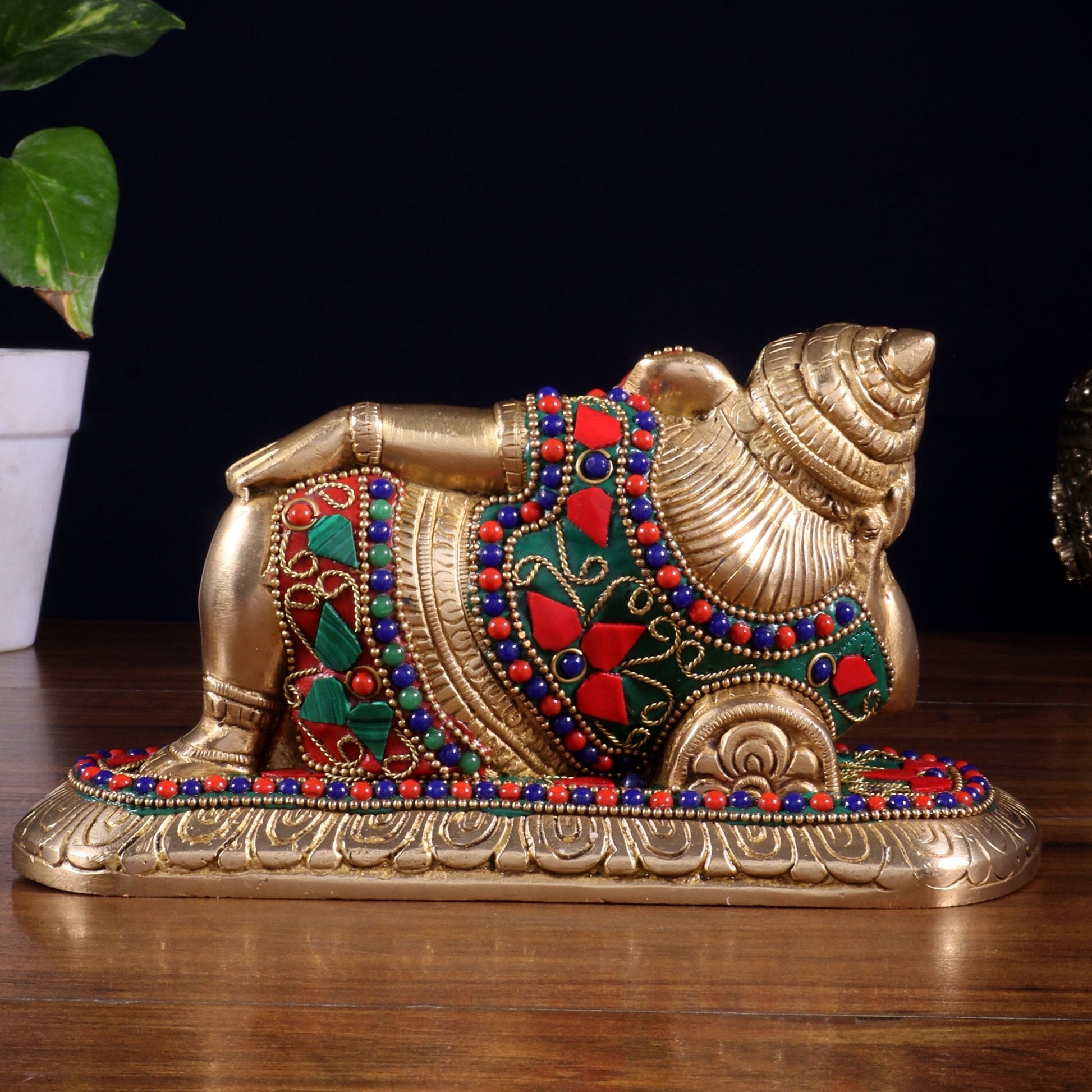 Brass Resting Lord Ganesha Statue 7.5" floral stonework - Budhshiv.com