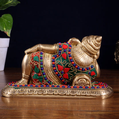 Brass Resting Lord Ganesha Statue 7.5" floral stonework - Budhshiv.com
